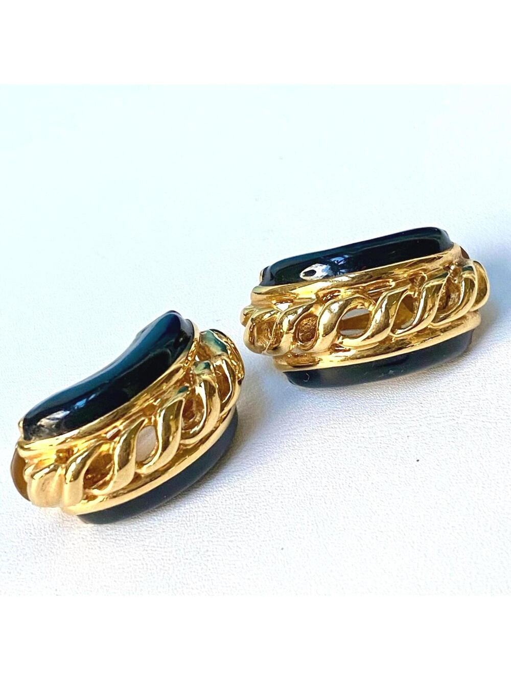 Vintage St. John Gold Black Enamel Clip Earrings